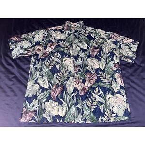 Mens Hawaiian Shirt XL Cooke Street Green Aloha Outrigger Beach Camp Floral EUC